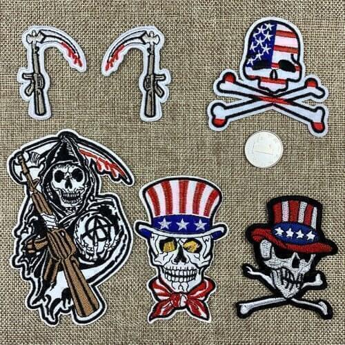 American Skull Cloth Patches Punk Iron on Patch Thermo Adhesive Embroidery Death Scythe Clothing Appliques DIY Sewing Supplies