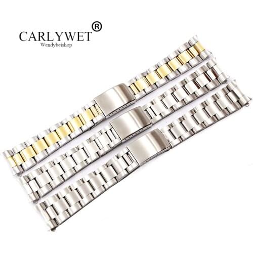 CARLYWET 19 20mm 316L Stainless Steel Two Tone Gold Silver Watch Band Bracelet Hollow Curved End For Vintage Oyster