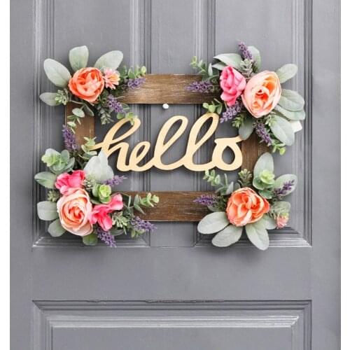 "Hello" Wooden Sign Plaque Home Art Decor Rustic Farmhouse Porch Front Door Sign 15.7 Inch Long Flower Wreath Ornament