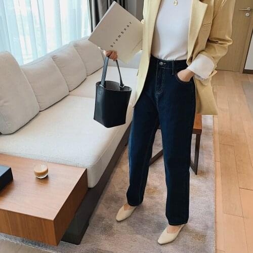 Womens High Waist Straight Dark Blue Jeans Fashion Loose Mom Pants Female Streetwear Capri Clothing Vintage Denim Long Trouser