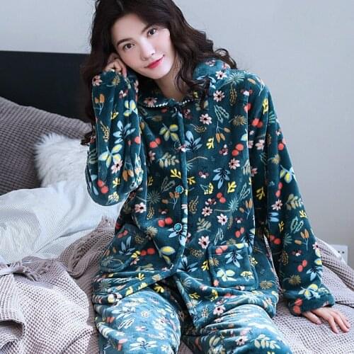 H5808 Fashionable Women Pajamas Female Thick Coral Velvet Sleepwear Suit Long Sleeve Flannel Autumn Winter Comfortable Nightwear