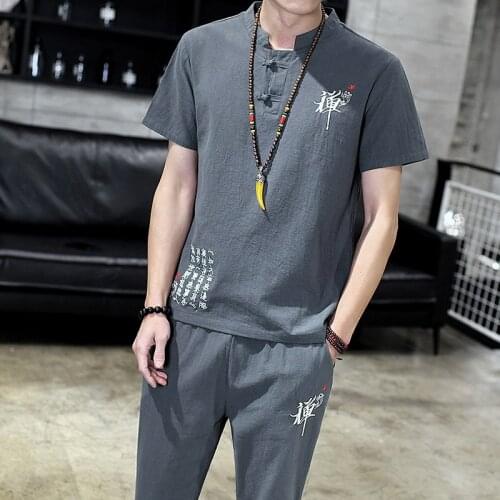 Cotton Linen Men't Sets Fashion Chinese Style Summer Short Sleeved T-shirt+ankle-length Pants Two Piece Set Top and Pants