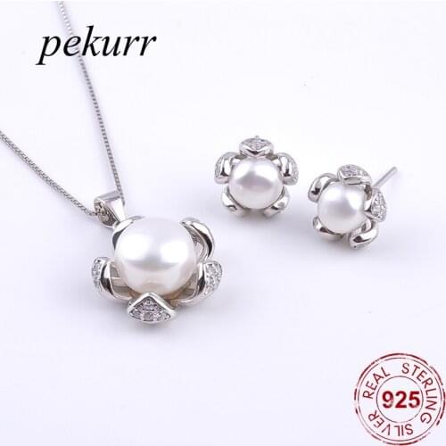 Pekurr 925 Sterling Silver Piranha Flower Big Freshwater Natural Pearl Earrings Necklace Sets For Women Flower Pendants Jewelry