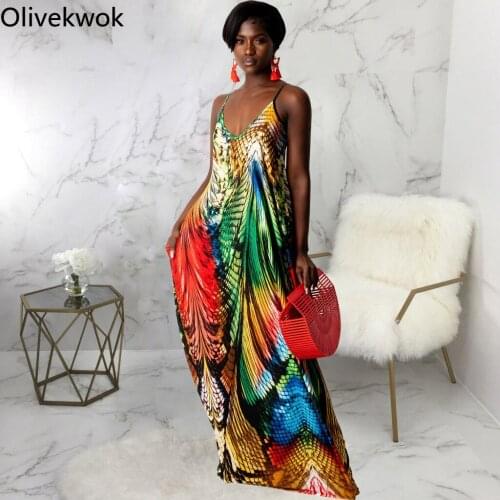 Olivekwok Summer Print Loose Camisole Dresses Fashion Sleeveless Sexy V-neck Streetwear Floor-Length Woman Dress