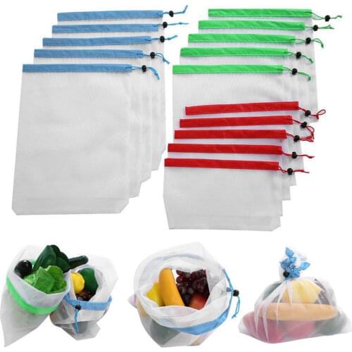 15pcs / 12 PCS Reusable Produce Mesh Bags Wash Bag Rope Vegetable Fruit Toy Storage Pouch 3 Sizes