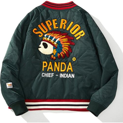 Mens Chinese Panda Floral Embroidered Thick Peacoat Sukajan Souvenir Flight Jacket Bomber Coat Chic Outwear