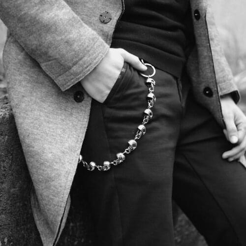 Men Gothic Jeans Metal Vintage Skull Head Chain Punk Skeleton Pants Trousers Biker Belt Wallet Chain Hip Hop Jewelry J60E