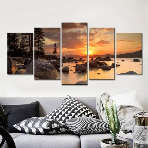 5 Panel Sea Sunset Rocks Spoondrift Diamonds Embroidery Full Square/Round Drill Mosaic Set Diamond Painting Sale Landscape Art