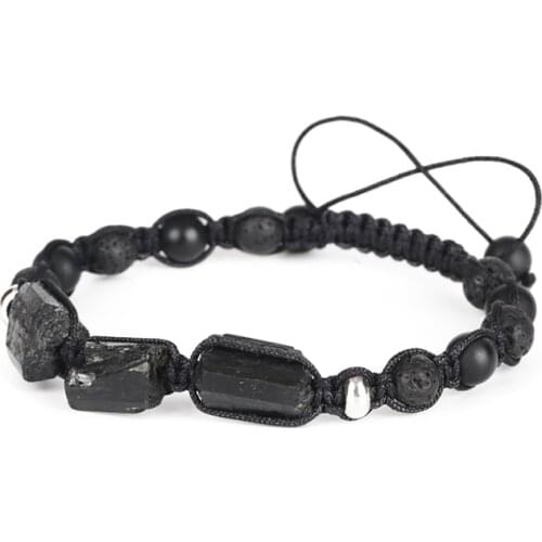 Natural Rough Black Tourmaline Healing Stone Bead Matte Onyx Alternate Lava Nylon Rope Unisex Adjustable Macrame Energy Bracelet