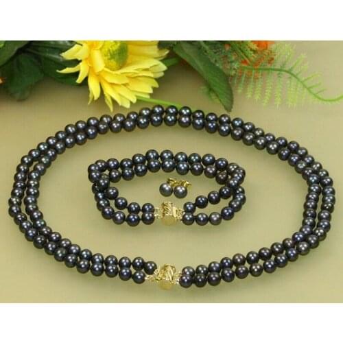 NEW 2 strands 8-9MM south sea black pearl necklace bracelet earrings 18" -19"