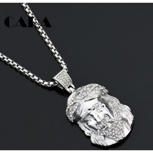 2021 New Arrival BIG rhinestones Jesus head pendant necklace 316 stainless steel Christian amulet necklace with pendant CAGF0477