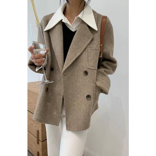 High-end wooden buckle suit collar short temperament double-sided cashmere coat woolen coat female Korean version 21 new