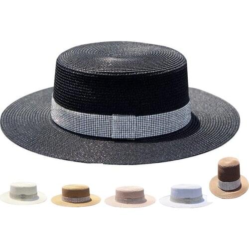 Summer straw hat women beach vacation flat top classic black top hat outdoor fashion sun hat British sunscreen sun hat
