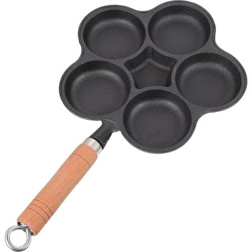 Five-Hole Frying Pot Thickened Omelet Pan Non-Stick Egg Steak Ham Pancake Breakfast Maker Wooden Handle Kitchen Cooking Tools
