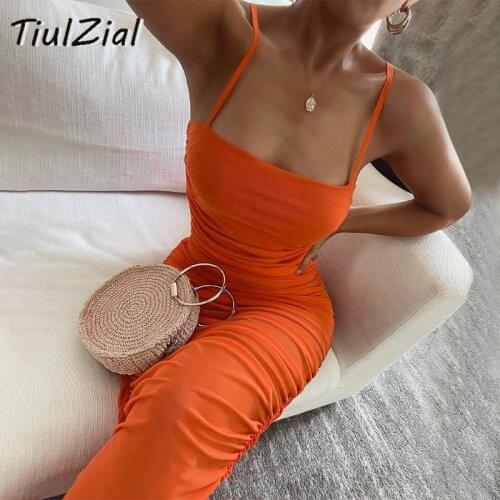 TiulZial Mesh Ruched Sexy Bodycon Dress Spaghetti Strap Transparent Midi Club Dress Black Orange Party Dresses Women
