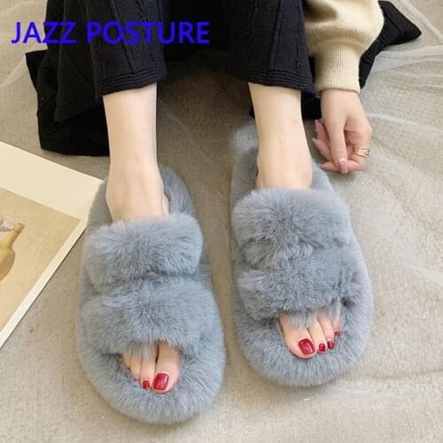 2021 womens warm winter new rabbit fur slippers black khaki female fashion word soft hair slippers thick platform w255