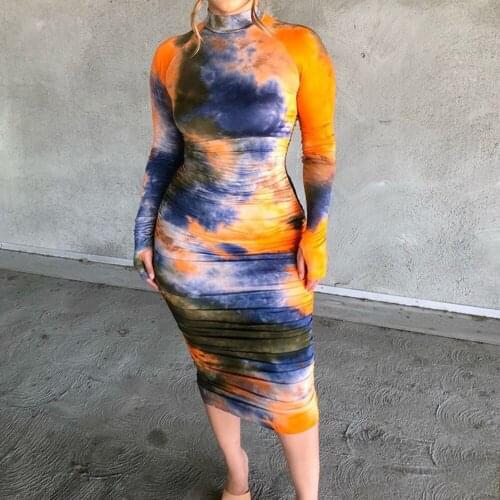 Tie Dye Print Long Sleeve Bodycon Midi Dress Women Clothes Party Club Ruched Bandage Dress Slim Elegant Sexy Dresses Vestidos
