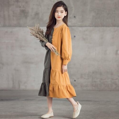 2021 Autumn Teen Girls Elegant Long Dress New Yellow Plaid Color Patchwork Casual Maxi Dress Muslim Girls Clothing 10 12 14 year