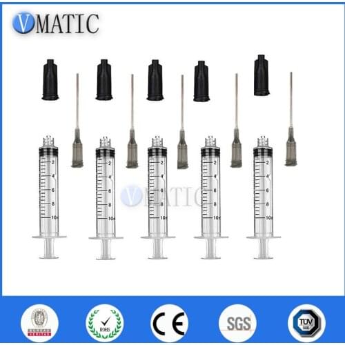 High Quality Non Sterilized 5Pcs Liquid Dispensing Luer Lock Plastic Syringe 10ml/cc + 16G 1 Inch Needle & Syringe Stopper