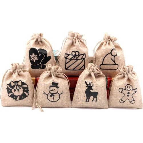 12pcs 10x14 13x18cm 15x20cm Elk Snowman Printing Bag Christmas Gift Jewelry Jute Bag Wedding Party Decoration Sachet Bag Pouches