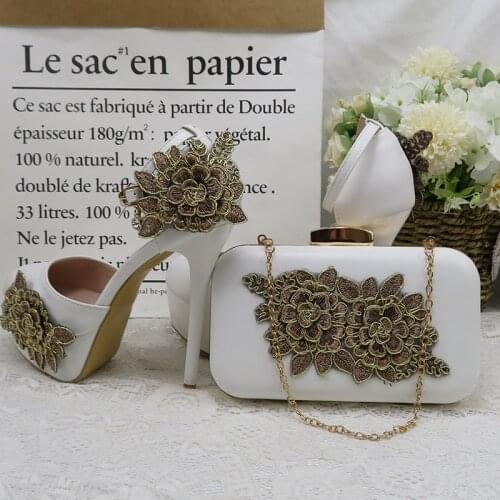 Summer Sandals Chocolate Flower Wedding Shoe Bag Set Bride High Heels Round Toe Ladies Party Pumps Woman big size shoe purse