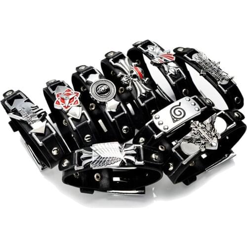 Anime Bracelet Attack On Titan Naruto One Piece Fairy Tail Leather Bracelet Women Men Bangles For Gift 12pcs/lot