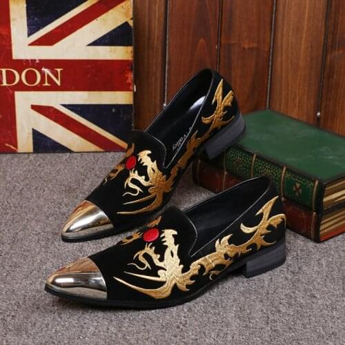 Christia Bella Fashion Suede Leather Party Men Loafers Embroidery Casual Man Flats Shoes Slip on Smoking Slippers Plus Size