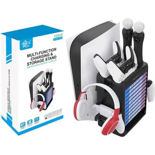 Dual PS5 Controller Charging Stand & PS Move Charger Station Cooling Fan Base 2 Hook Game Card Storage for PlayStation5 Console