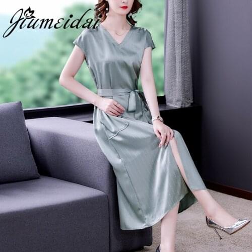 JiuMeiDai 2021 Women Summer A-Line Dress Office Lady Elegant Vintage Striped Long Robe Female Fahion Party Clothing Plus Size