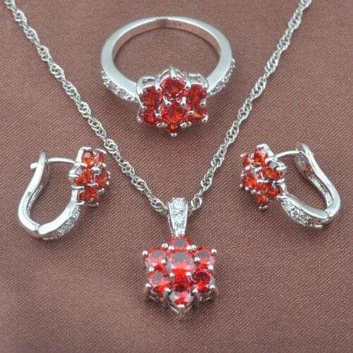 Best Birthday Gifts Spakling Red Zircon Womens Silver Color Jewelry Sets Necklace Pendant Earrings Ring TZ0499