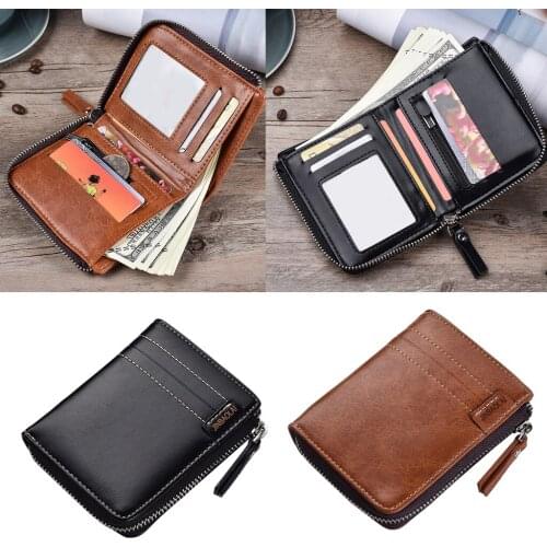 Mens PU Leather Zip Around Wallet ID Card Window Secure Zipper Bifold Purse
