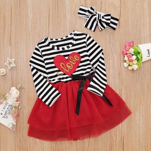 Toddler Baby Chit Dress Girls Valentines Day Striped Heart Print Ruffle Tulle A-line Dress+headband Outfits Lovely Kid Dresses