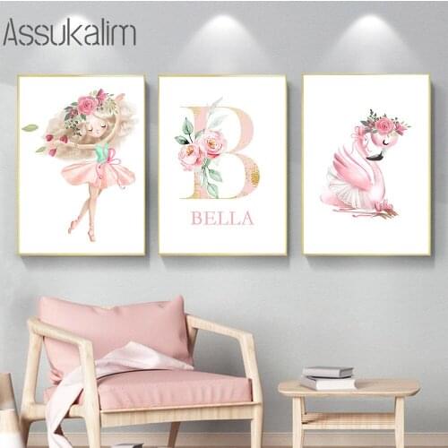 Personalized Name Canvas Print Swan Art Painting Dancing Girl Wall Prints Flower Poster Nursery Wall Pictures Girl Room Decor
