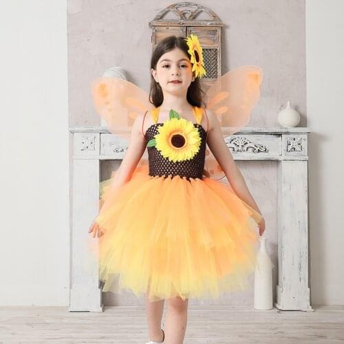 Sunflower Fairy Cosplay Girls Tutu Dress Yellow Tulle Baby Girls Birthday Party Dress Children Halloween Flower Costume for Kids