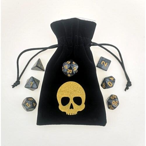 Rollooo Pearlized Black with Gold Dice and Customized Skull Logo DND Bag for RPG Games