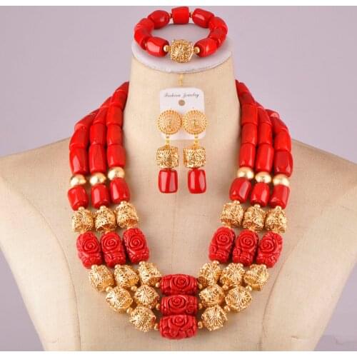 Luxurious african wedding beads nigerian red coral necklace jewelry set C21-28-03