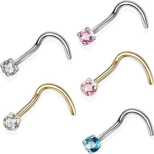 1PC Steel Nose Rings Nostril Earring Piercings Crystal Nazir Screw Piercings Prong Gem Nose Stud Rings Body Jewelry Retainer 20G
