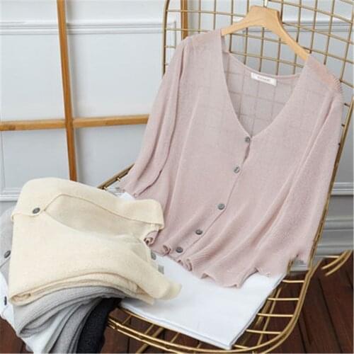 Women thin summer Sunscreen Short design Shawl Ice Silk Knitted cardigan Overcoat Three Quarter air-conditioned jacket sweater