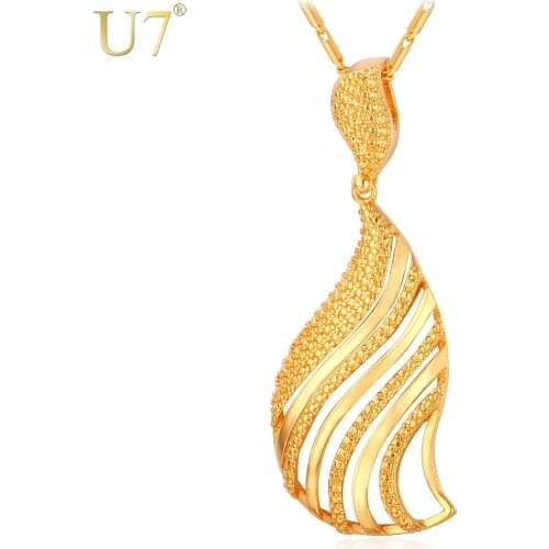 U7 Fashion Necklaces For Women Gold Color Hollow Jewelry Wholesale Fan-Shaped Vintage Necklaces & Pendants P591