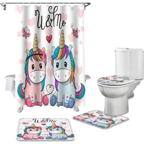 Bathroom Shower Curtain Pink Cute Unicorn Love Butterfly Cartoon Pedestal Rug Lid Carpet Toilet Cover Set Bath Curtain Mat Set