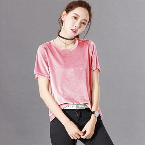 Women Summer Short Sleeves Tops Casual Loose Vintage Velvet Solid Shirts O-Neck Streetwear Shirts Plus Size 6XL 7XL