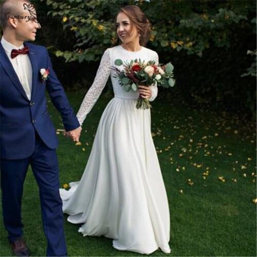 Boho Wedding Dresses 2021 Long Sleeve Lace O-Neck Chiffon A-Line Beach Bridal Gowns for Women Bohemian Vestido De Noiva
