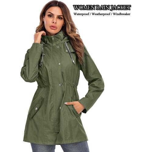 Women Raincoat Casual Hooded Zipper Weatherproof Windbreaker Outdoor Waterproof Shell Rain Jacket Camping Coats