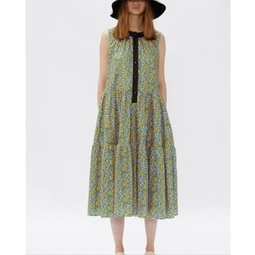 2021 New Women Sleeveless Mid-Calf Dress Floral Print Sleeveless Prairie Chic High Waist Dresses with Buttons