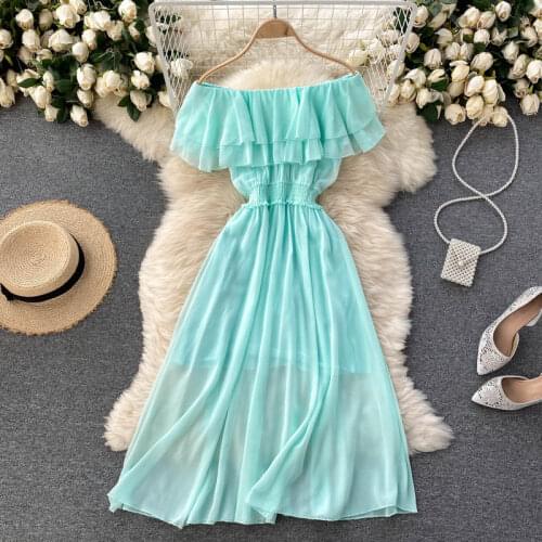 FMFSSOM Slash Neck Cascading Ruffle Medium Length Dress Women Elastic Waistline 2021 Summer Casual A-Line Formal Dresses Lady