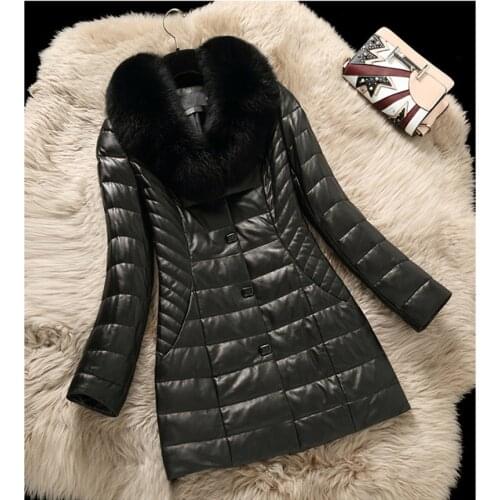 Winter Warm Fox Fur Collar Genuine Leather Jackets Womens Sheepskin Coat Feamle Slim Down Jacket Jaqueta Couro WXF274