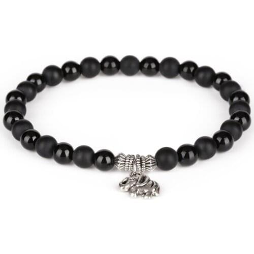 6mm Alternate Black Glossy Onyx & Matte Onyx Stone Bead With Elephant Charm Standard Beaded Bracelets For Man Women