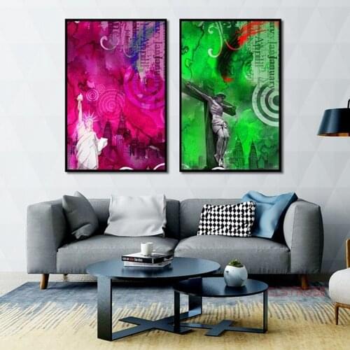 Abstract Home Decoration Canvas Painting Red Green Statue Of Liberty And Jesus Wall Pictures For Living Room Nordic Art Poster