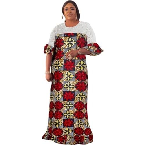 African Dashiki Print Wax Dress Women Lace Maxi Dress Ruffle Sleeve Ankara Kaftan Abaya Plus Size Gown Wedding Party Dresses