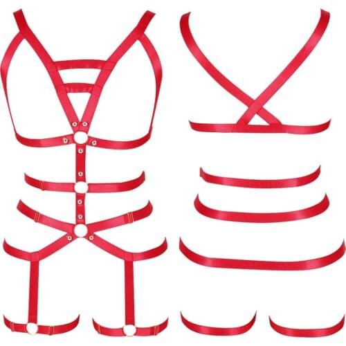 Women Harness Body Pastel Gothic Cage Bra Tops Hollow Out Garter Belt Red Sexy Lingerie Set Elastic Adjust Dance Rave Wear